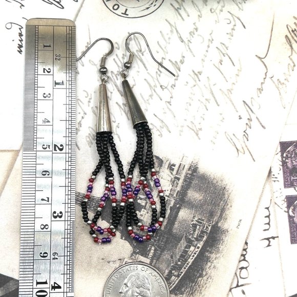 Long Vintage Artist Beaded Silver Black Purple Chandelier Boho Earrings - Picture 3 of 5